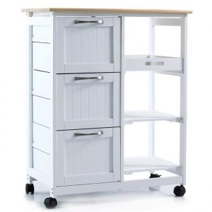 ScSPORTS Anaterra Chariot de Cuisine - sur 4 Niveaux, 3 Tiroirs et Étagères, Roulettes, MDF, Plateau en Bois de Pin, Blanc - Chariot de Service, Rangement, Desserte Mobile, Salle de Bain, Buanderie, Bureau