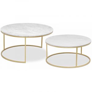 Menzzo Ensemble de 2 tables basses Artik XL Métal Or et Marbre Blanc