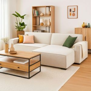 Canapé convertible cic-clac avec angle réversible Pikado Tissu effet lin Crème