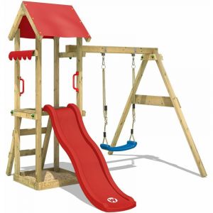 Image de Wickey Aire de jeux Portique bois TinyWave avec balançoire et toboggan rouge Maison enfant exterieur avec bac à sable