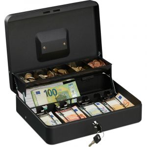 Image de Relaxdays Caisse à monnaie, verrouillable, compartiments pour pièces et billets, fer, HLP 8,5 x 30,5 x 24,5 cm, noir