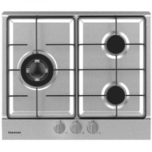 Taurus GI3EB - Plaque de cuisson gaz, 6050W, 3 zones de cuisson, commandes mécaniques, flamme réglable, triple brûleur rapide de 3,3 kW, soupapes de sécurité, convient au gaz butane, acier inoxydable