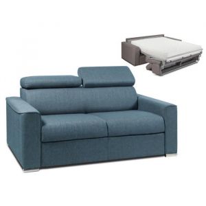 Canap&eacute; 2 places convertible express en tissu bleu - couchage 120 cm - Matelas 22 cm avec m&eacute;moire de forme VIZIR