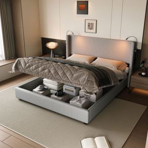 Lit Double 140x200 Lit Coffre Hydraulique avec Lampes de Chevet Int&eacute;gr&eacute;es et Rangement - T&ecirc;te de Lit Velours Gris Moderne