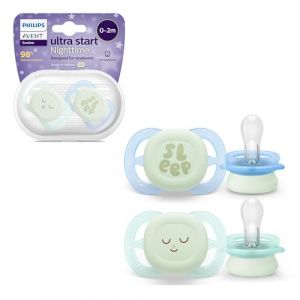 Image de Philips Sucettes de nuit Ultra Start, orthodontiques pour nouveau-n&eacute;s de 0-2 mois, phosphorescentes, sans BPA, avec &eacute;tui de st&eacute;rilisation et de transport, lot de 2, SCF075/08