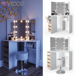 Coiffeuse d'angle „Arielle“ Blanc/Chêne avec tabouret et éclairage LED Vicco