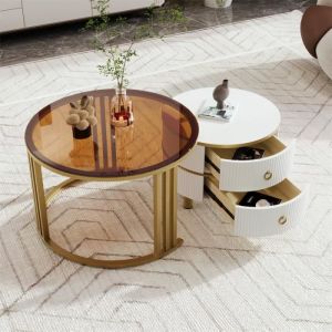 Lot de 2 table basse gigogne ronde, en mdf, avec 2 tiroirs pour salon, 70x70x45 + 50x50x40 cm, pied doré, blanc