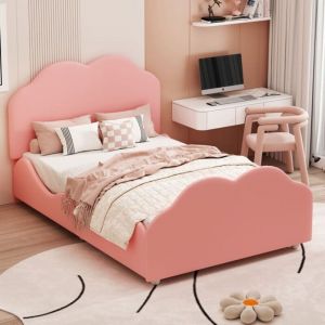 Lit enfant rembourr&eacute; 90 x 200 cm avec barri&egrave;res hautes et t&ecirc;te et pied de lit en forme de nuage, Lit simple en velours rose