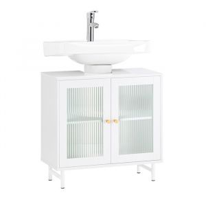 Sobuy BZR115-II-W Meuble Sous Lavabo Salle de Bain, Meuble Sous Évier, Armoire de Rangement pour Vasque sur Pieds avec 2 Portes en Verre, 60x30x59 cm,