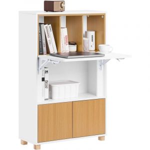 Sobuy FWT107-WN Bureau Pliant, Table d'Ordinateur Rabattable, Table de Bureau, Petite Bureau avec Etagères de Rangement, Table de Travail, Table