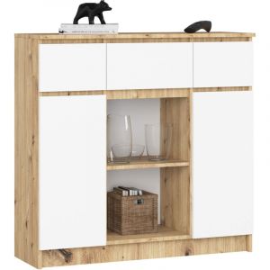 Akord - Commode K100 Chêne Artisan 101 cm 2 portes 3 tiroirs façade Blanche 6 étagères 101x35x98 cm