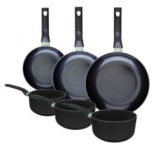 Fackelmann 9430950 Ensemble de 3 poêles de 20 24 et 28 cm et 3 casseroles 16 18 et 20 cm, revêtement céramique antiadhésif sans PFAS, tous feux, induction, four, Aluminium, Noir, Vert, 16, 18 et 20 cm