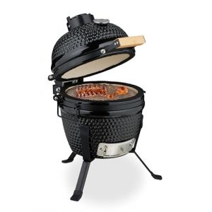 Image de Relaxdays Barbecue Kamado, Ø 26 cm, Grill Japonais céramique avec thermomètre 450°C, grillade, fumoir, Couvercle, Noir