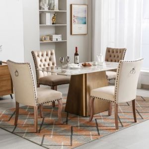 Chaise salle a manger - Heurtoir unique au dos - 4 pi&egrave;ces - Pieds en bois massif - Rev&ecirc;tement en velours - Beige