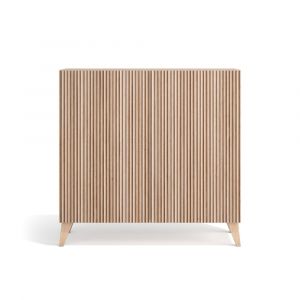 Herdasa, Meuble à chaussures en mélamine, modèle Sunne, chêne clair avec portes effet lattes naturelles, 87x90x27 cm