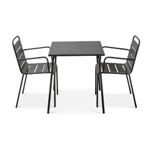 Oviala Table de jardin carrée et 2 fauteuils empilables en acier thermolaqué Palavas - Gris