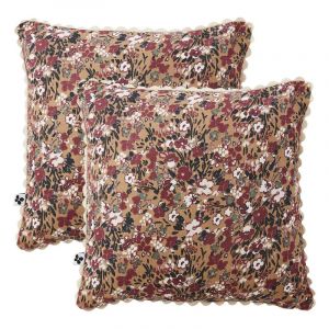 Lot 2 coussins 40 x 40 cm en gaze de coton camel et fleuri - isabela 1