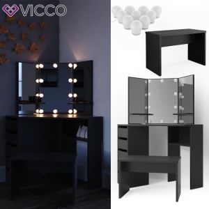 Vicco - Coiffeuse d'angle "Arielle" Noir avec banc et éclairage led