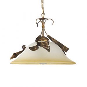 Image de ONLI - Lampe à suspension en métal marron avec nuances dorées. Cloche en verre blanc satiné nuancé ambre