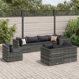 VidaXL Salon de jardin 8 pcs avec coussins Gris Résine tressée, ensemble de canapés d'extérieur, canapé d'angle de jardin, salon de jardin d'angle