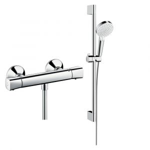 Hansgrohe Mitigeur douche thermostatique Ecostat Universal chrom&eacute; + pack pommeau de douche Crometta 2 jets + flexible + barre