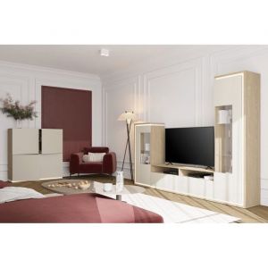 Ensemble meubles JULIA – Vitrines buffet et meuble TV – Chêne huilé et beige cashmere avec LED