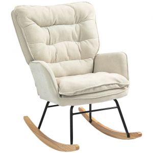 Homcom Fauteuil &agrave; bascule - dossier et assise larges rembourr&eacute;s - base en bois de h&ecirc;tre - tissu en chenille - 71x98,5x97cm - beige