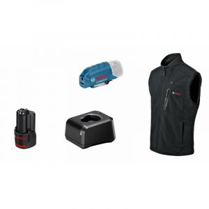 Bosch Professional veste sweat-shirt chauffante GHH 12+18V XA (avec adaptateur de charge USB GAA 12V-21 + batterie GBA 12V 2.0Ah + chargeur GAL 12V-20, dans boîte carton)