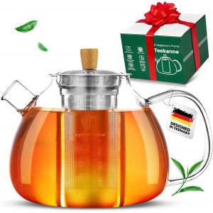 Neighbour's Friend Théière 1,5 l Boîte cadeau pour thé en vrac & sachets de thé - Théière en verre avec passoire grande anti-gouttes - passoire en acier inoxydable 3 pièces avec poignée de couvercle en bambou - Verre lavable au lave-vaisselle