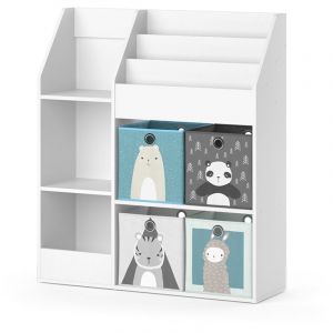 Bibliothèque enfant Luigi, Blanc, 100.4 x 114.2 cm avec 4 boîtes pliantes (grises), Vicco