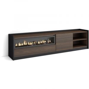 Meuble tv effet bois de chêne foncé noir 207x37x50 cheminée effet feu