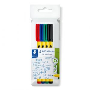 Staedtler Noris Writing Pen 307 C4 Feutre fin avec bo&icirc;tier en plastique 97% recycl&eacute; conforme &agrave; la norme ISO 14021 &Eacute;tui en carton avec 4 feutres fins aux couleurs assorties