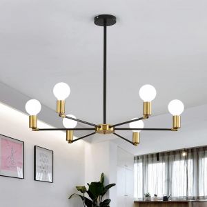 686 Plafonnier Industriel, Suspension Luminaire Vintage 6 têtes, Lampe de Plafond Sputnik en métal Noir et Or, Lustre pour salle à manger, salon, sans