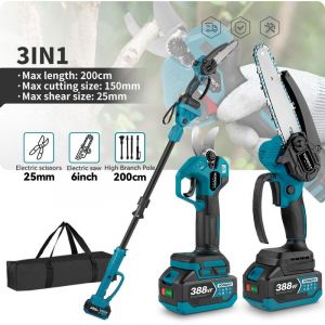 Tronçonneuse à batterie 6 pouces et Sécateur électrique 25mm set, avec perche télescopique 2 m,2x 3,0 Ah batteries, avec Sac de rangement