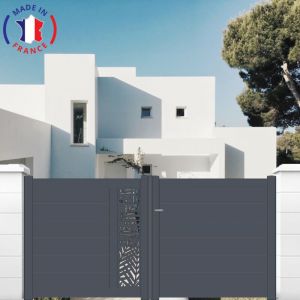 Packit Portail aluminium battant d&eacute;coupe laser en kit dimension L.3500 (entre piliers) x H.1500 mm couleurs Gris (RAL 7016)