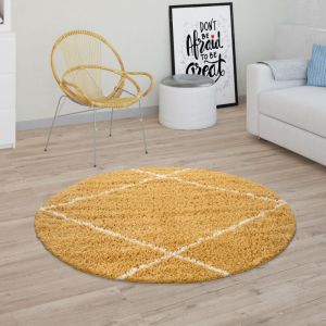 Paco Home Tapis Poils Longs Salon Shaggy Motif Losanges Scandinave, Moderne Jaune 160 cm rond