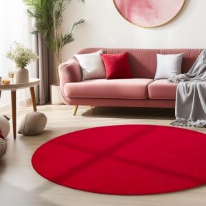 Homebyhome Tapis salon 200 cm Rond Rouge Uni moderne et moelleux à poil court, avec sous-couche antidérapante, lavable