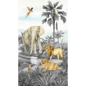 AG ART Poster intiss&eacute; - animaux de la jungle en noir et blanc - lion, &eacute;l&eacute;phant, perroquet - 150 x 270 cm