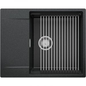 Evier Cuisine en Granit 62 x 50 cm Lavabo 1 bac + Siphon Classique + égouttoir enroulable, Évier à Encastrer de Primagran Graphite - black#white