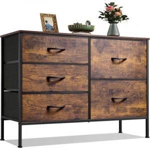Commode avec 5 tiroirs, organisateurs en tissu, idéale pour salon, placard, couloir, finition bois brun rustique. - Wlive