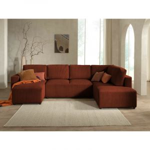 Lisa Design - Livy - canapé panoramique convertible - avec coffre - en velours côtelé - 7 places - droit - terracotta - Terracotta