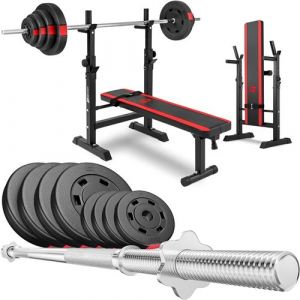 Hop-Sport Banc de Musculation Pliable Plat HS-1080 et Ensemble d’haltères, Disques de Poids en Plastique de 37 kg, Avec Support Barre Longue Réglable, Charge Max. 270 kg