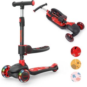 Trottinette Led Pour Enfants Rouge Et Noir, 3 En 1 Trottinette Avec Siège - Scooter Avec Guidon Réglable En Hauteur, Pliable Enfants Jouet