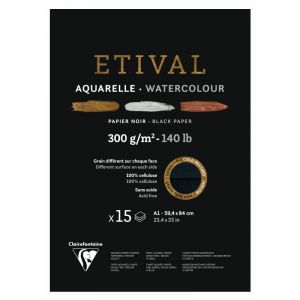 Clairefontaine Papier aquarelle Etival noir - 300g/m², A1 - 59,4x84,1cm - 15 feuilles, Bloc collé 1 côté, A1 - 59,4x84,1cm - 15 feuilles