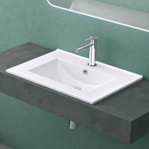 Mai&mai - Lavabo Encastr&eacute; en C&eacute;ramique 60cm Blanc Lave Mains Rectangulaire avec Per&ccedil;age de Robinet et Trop-Plein 61x47x18cm BR912