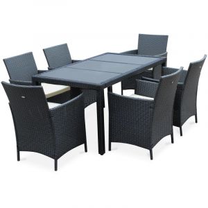 Image de Alice's Garden Salon de jardin Tavola 6 noir en résine tressée, table d'extérieur 150cm avec 6 fauteuils