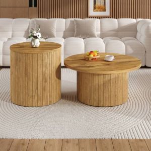 Lot de 2 tables basses gigogne - table basse ronde - avec plateaux en bois - 75x36/50x50.5cm - Naturel