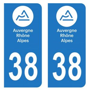 Lot 2 Autocollants Stickers plaque immatriculation voiture auto d&eacute;partement 38 Is&egrave;re Logo R&eacute;gion Auvergne-Rh&ocirc;ne-Alpes