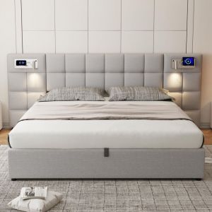 Lit coffre 180x200cm tissu en velours - avec port USB、recharge sans fil et led - avec sommier à lattes - Gris
