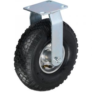 Relaxdays Roulette Fixe, 3.00-4, Roue pneumatique, Caoutchouc, Plaque en Acier, 120 kg, argenté/Noir